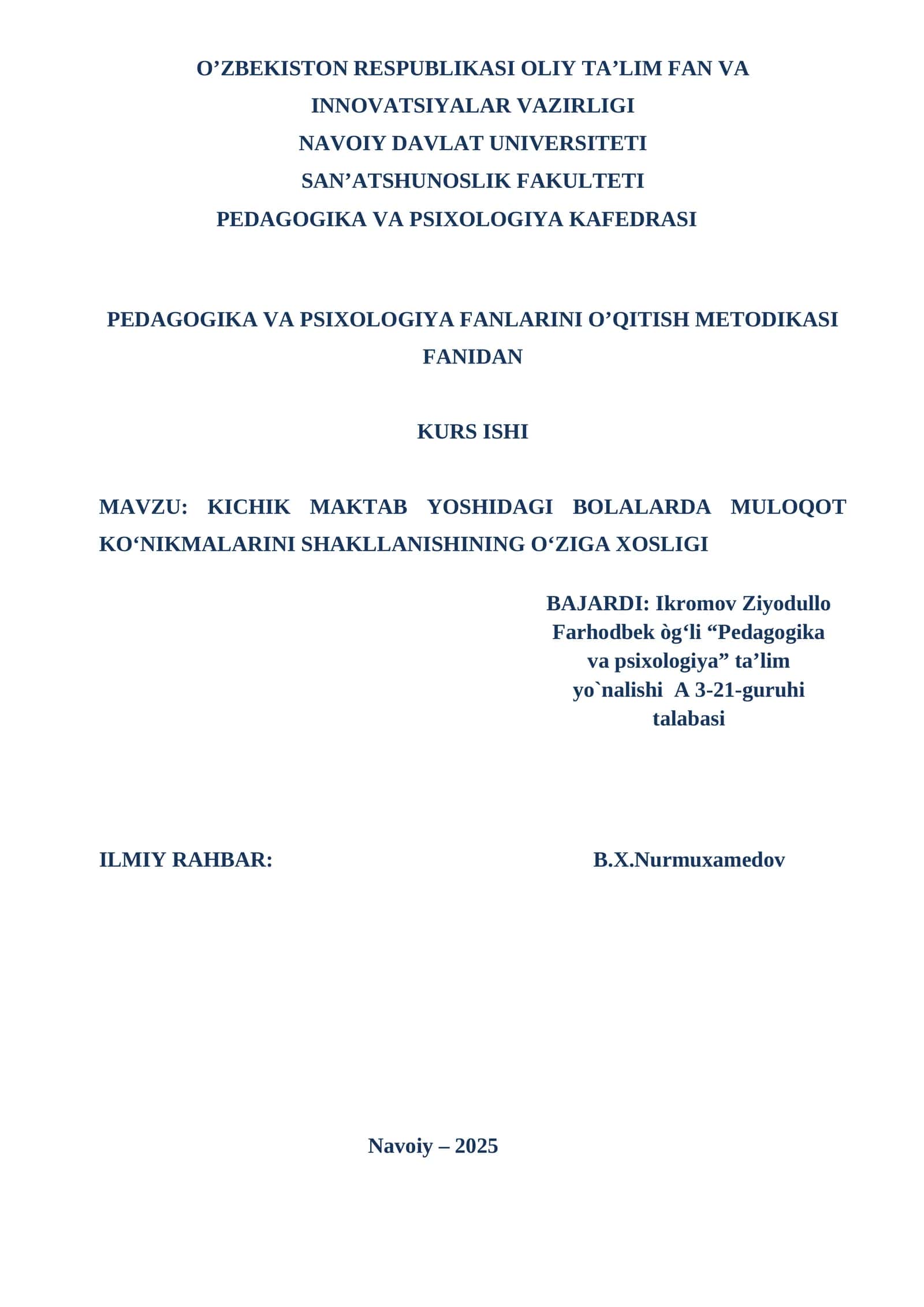 PEDAGOGIKA VA PSIXOLOGIYA FANLARINI O’QITISH METODIKASI FANIDAN  KURS ISHI