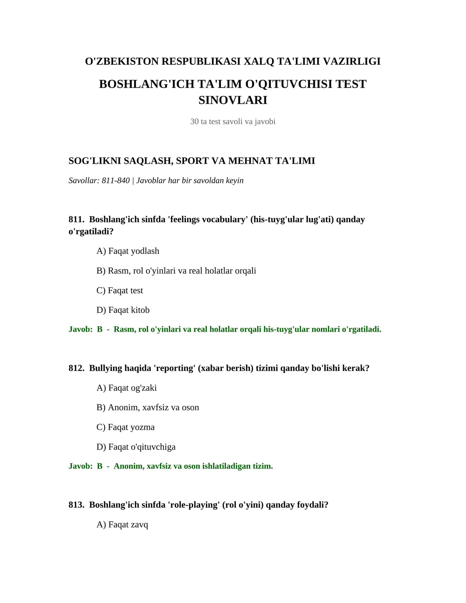 BOSHLANG'ICH TA'LIM O'QITUVCHISI TEST SINOVLARI