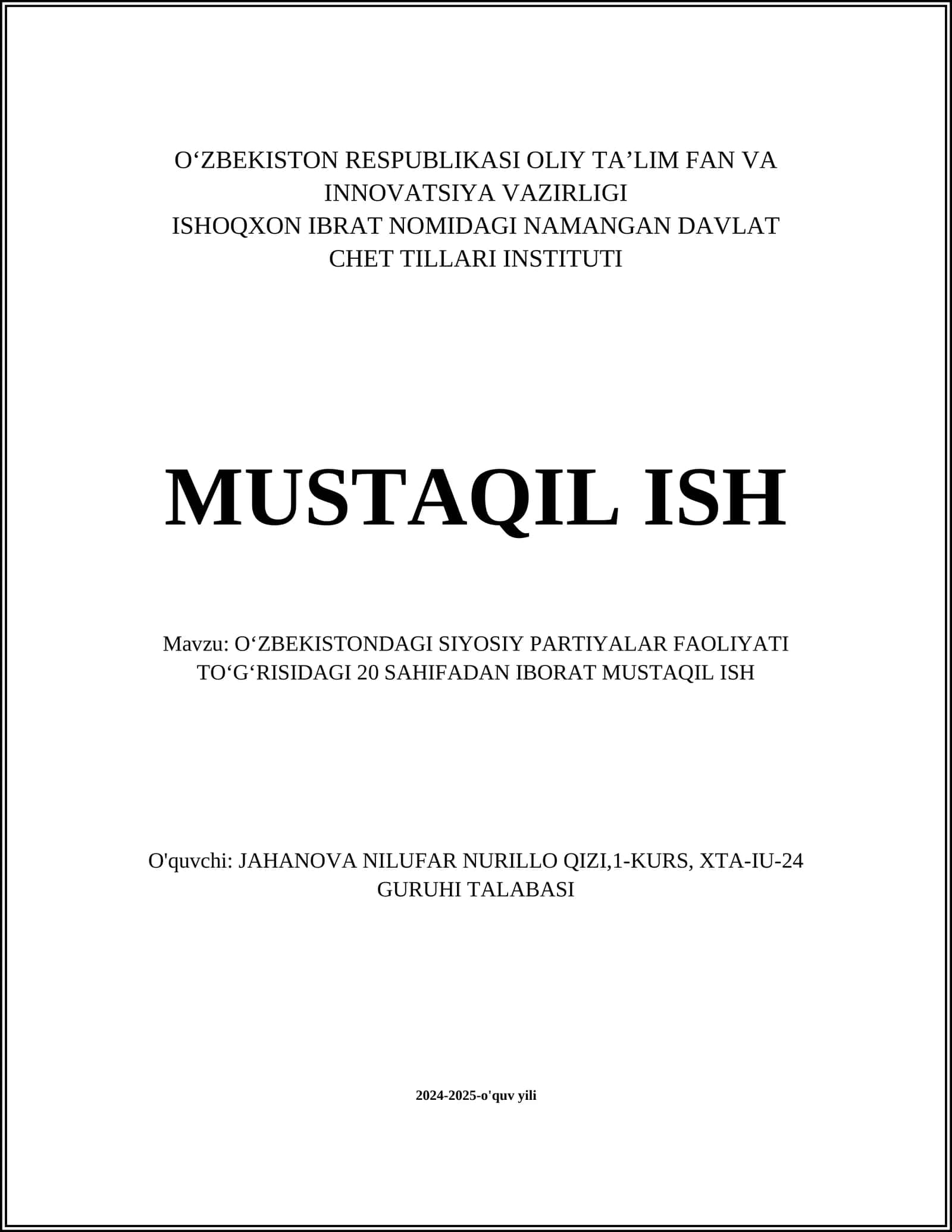 OʻZBEKISTONDAGI SIYOSIY PARTIYALAR FAOLIYATI TOʻGʻRISIDAGI 20 SAHIFADAN IBORAT MUSTAQIL ISH