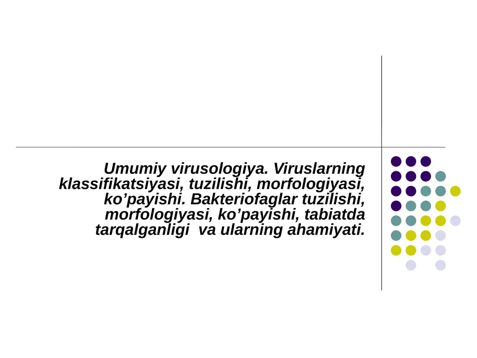 Viruslarning klassifikatsiyasi, tuzilishi, morfologiyasi, ko’payishi. Bakteriofaglar tuzilishi