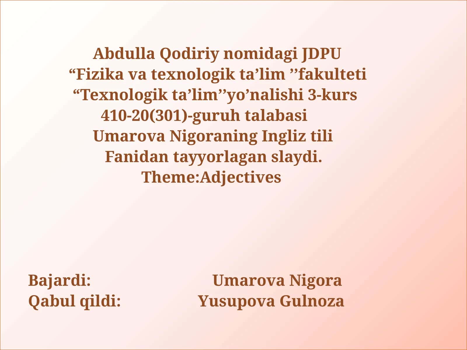 Ingliz tili fanidan tayyorlagan slayd