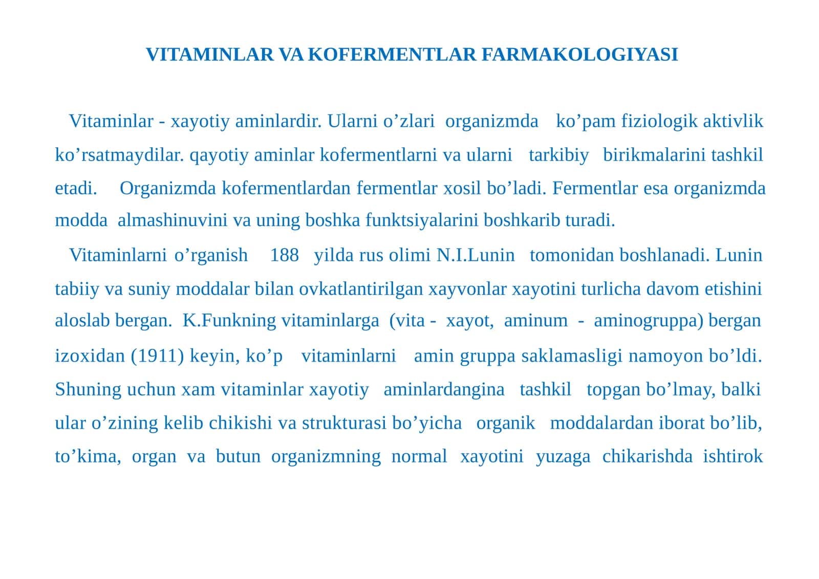 VITAMINLAR VA KOFERMENTLAR FARMAKOLOGIYASI