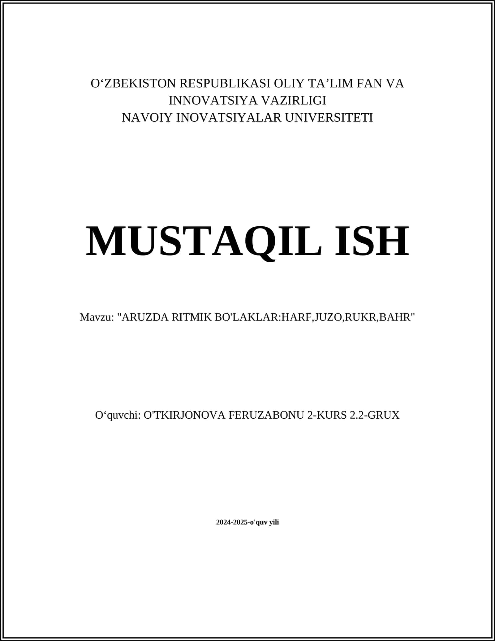ARUZDA RITMIK BO'LAKLAR:HARF,JUZO,RUKR,BAHR