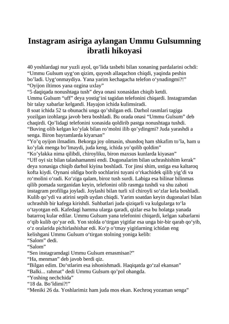 Instagram asiriga aylangan Ummu Gulsumning ibratli hikoyasi