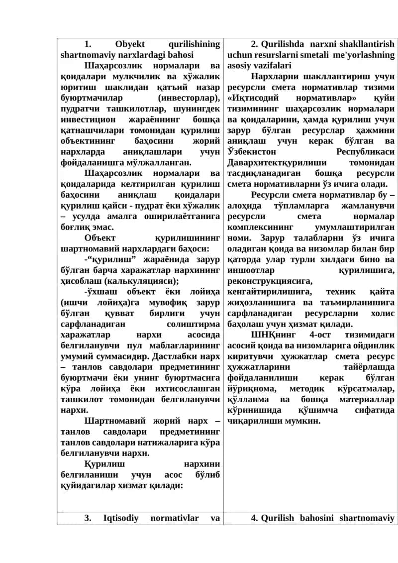 Obyekt qurilishining shartnomaviy narxlardagi bahosi