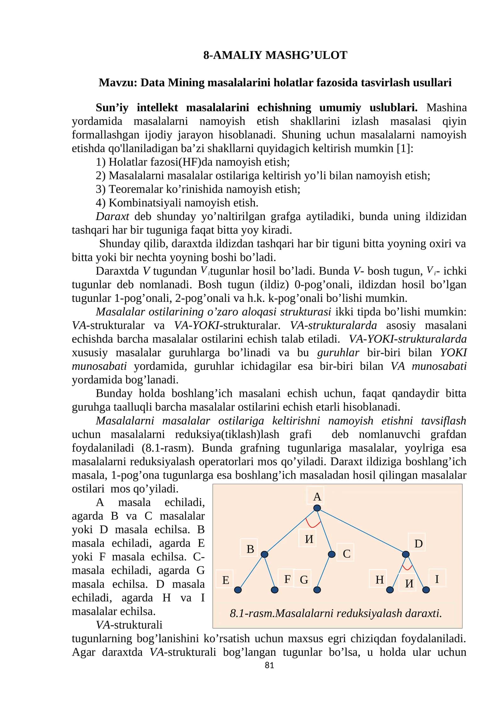 Data Mining masalalarini holatlar fazosida tasvirlash usullari
