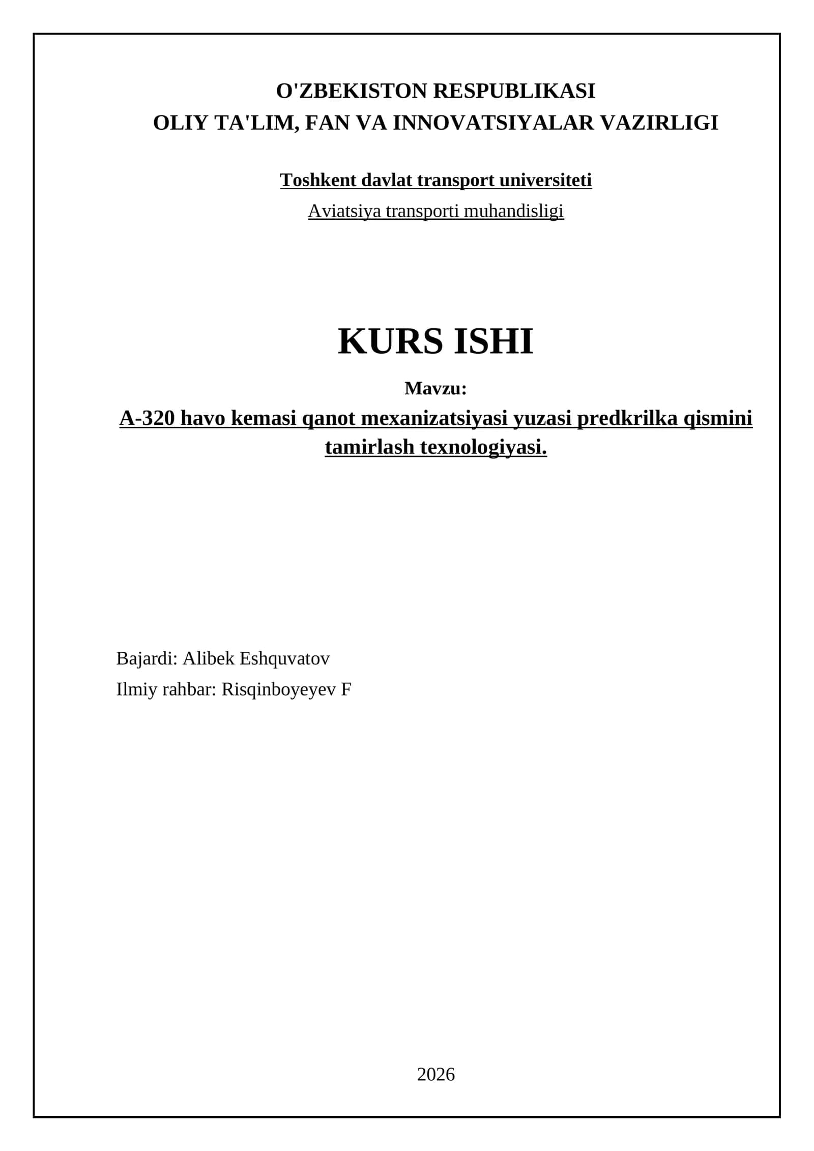 A-320 havo kemasi qanot mexanizatsiyasi yuzasi predkrilka qismini tamirlash texnologiyasi