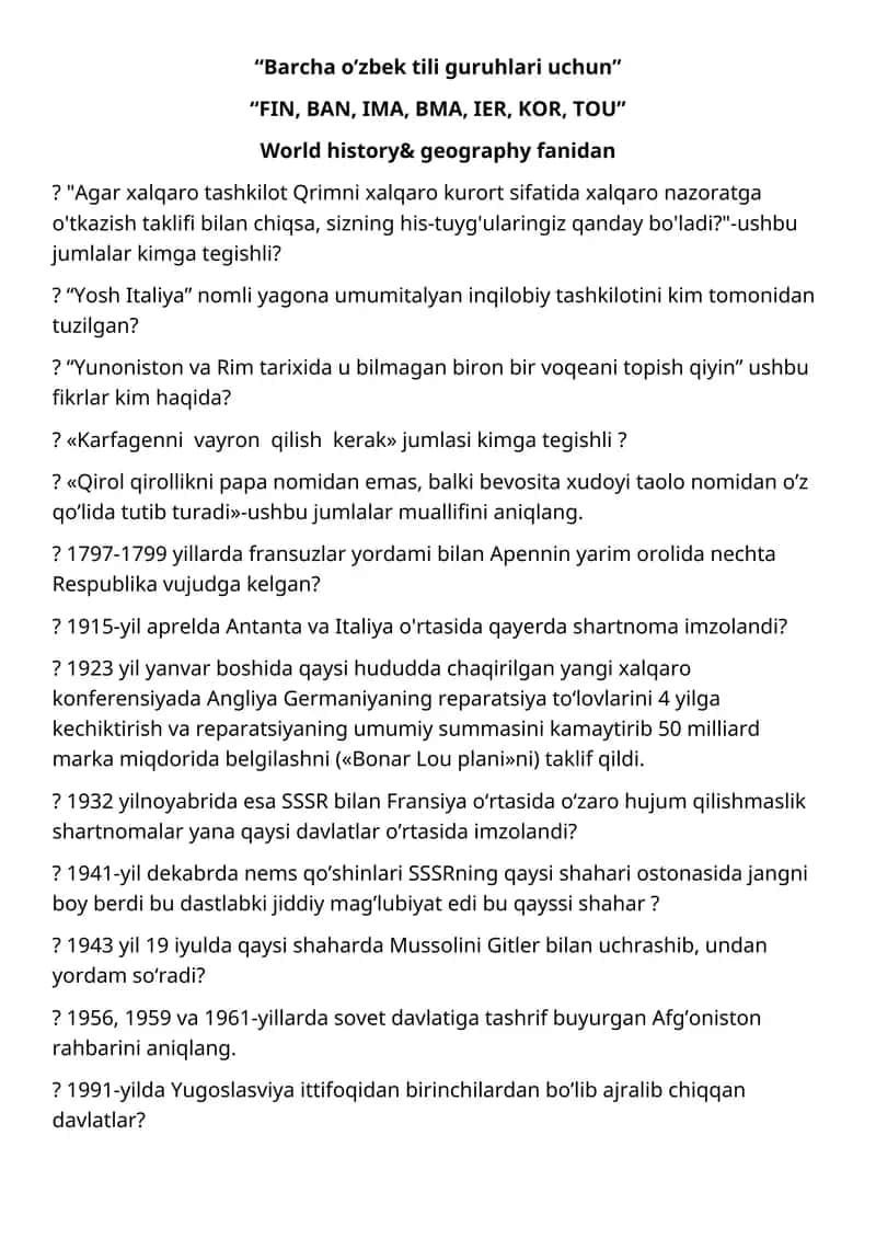 Barcha o’zbek tili guruhlari uchun