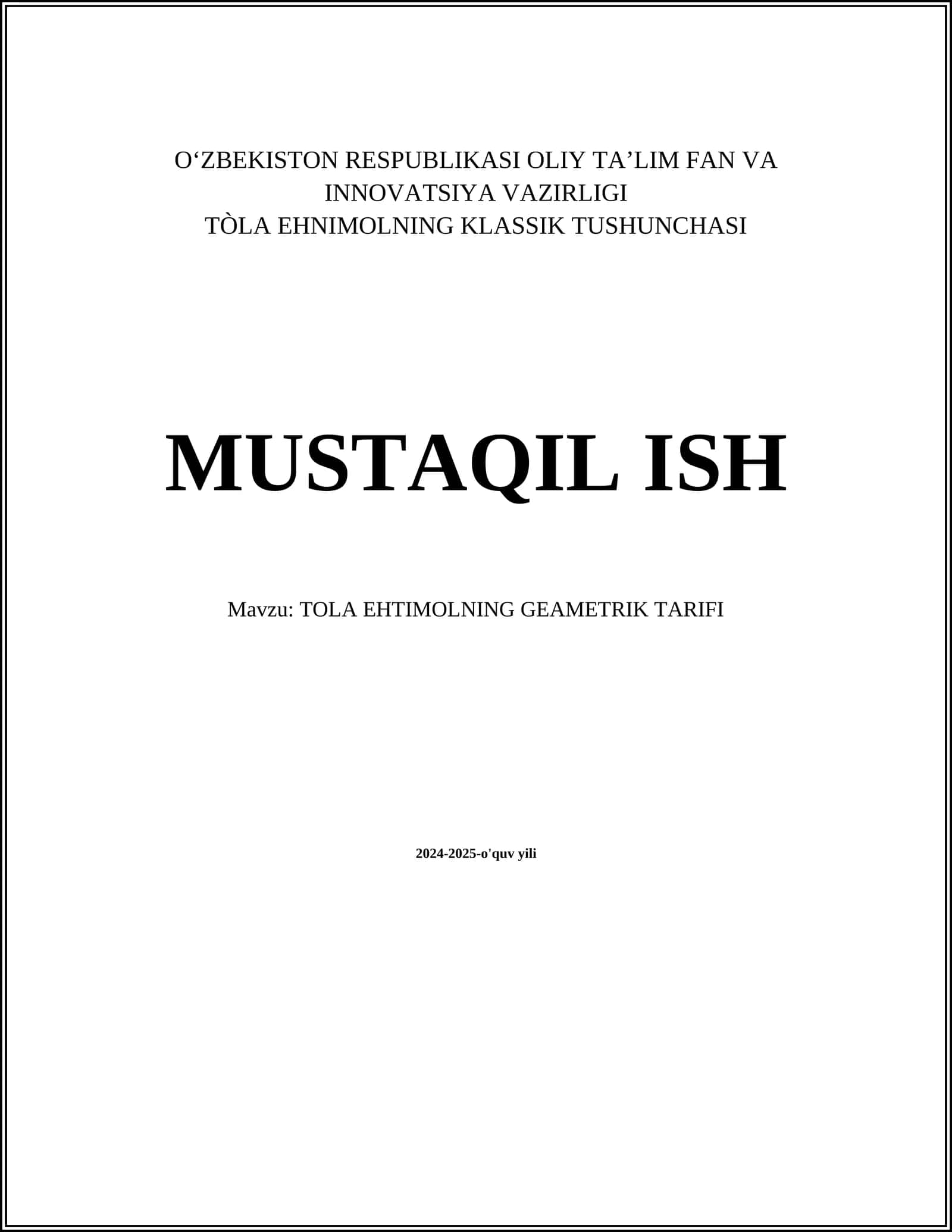 TÒLA EHNIMOLNING KLASSIK TUSHUNCHASI