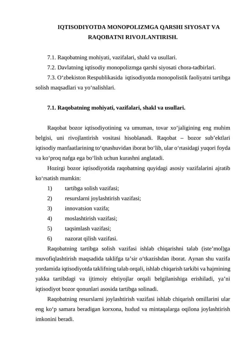 IQTISODIYOTDA MONOPOLIZMGA QARSHI SIYOSAT VA RAQOBATNI RIVOJLANTIRISH