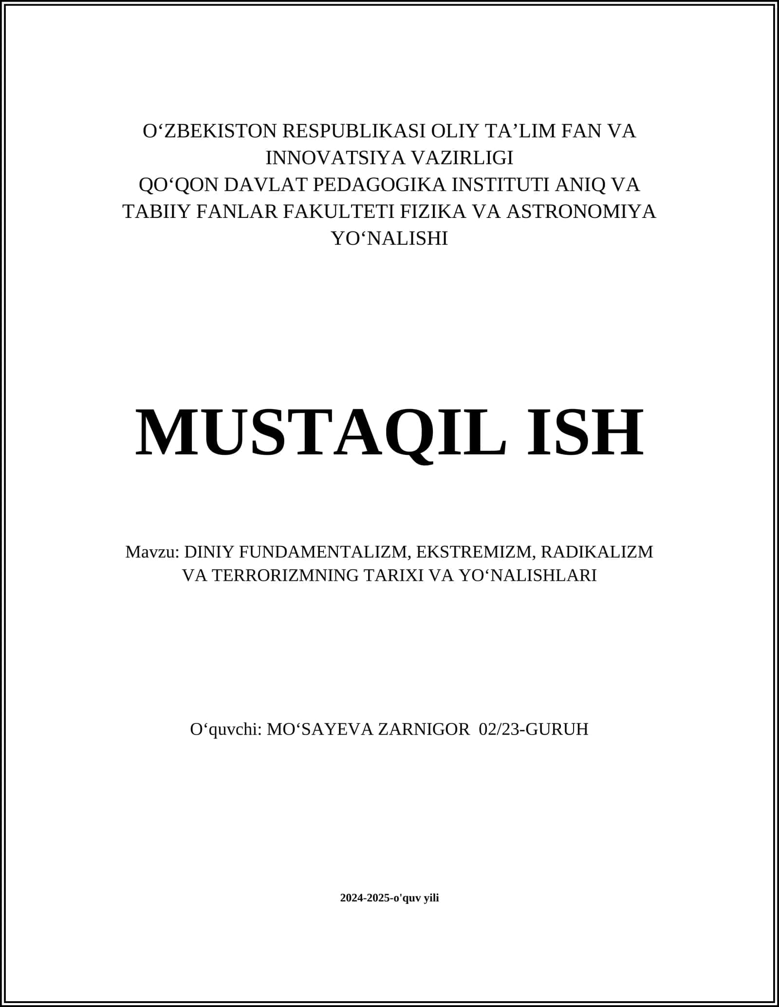 DINIY FUNDAMENTALIZM, EKSTREMIZM, RADIKALIZM VA TERRORIZMNING TARIXI VA YOʻNALISHLARI