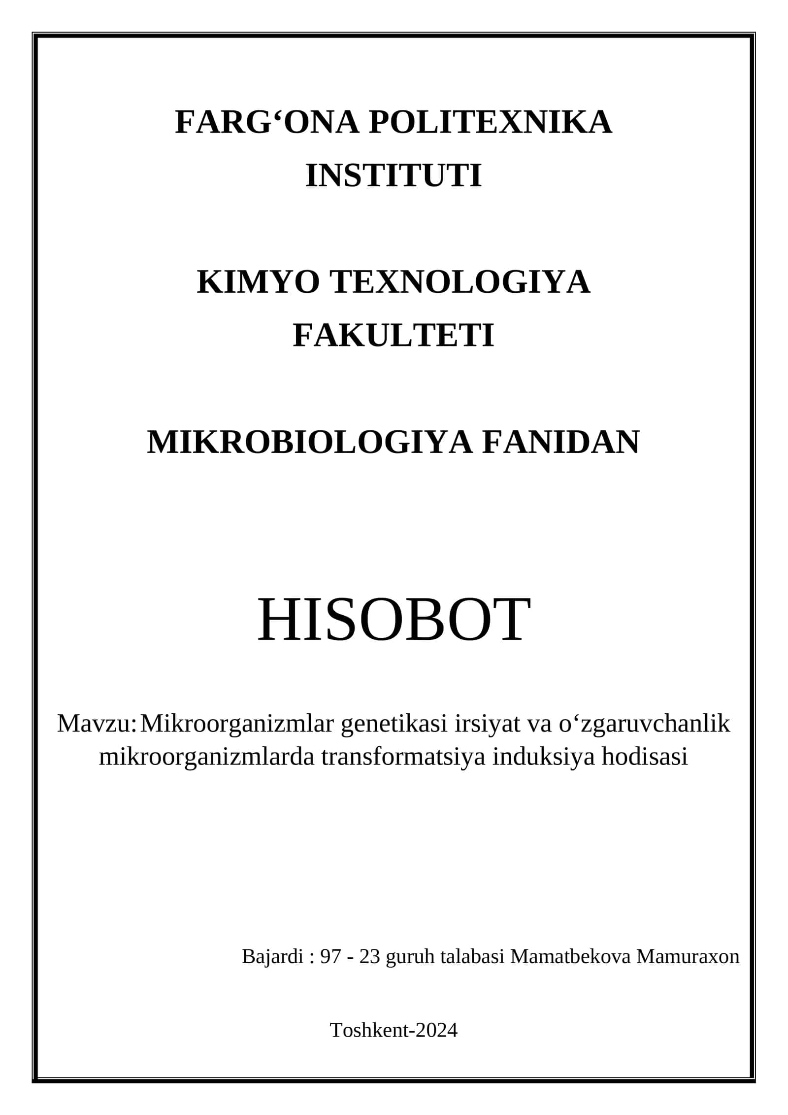Mikroorganizmlar genetikasi irsiyat va oʻzgaruvchanlik mikroorganizmlarda transformatsiya induksiya hodisasi