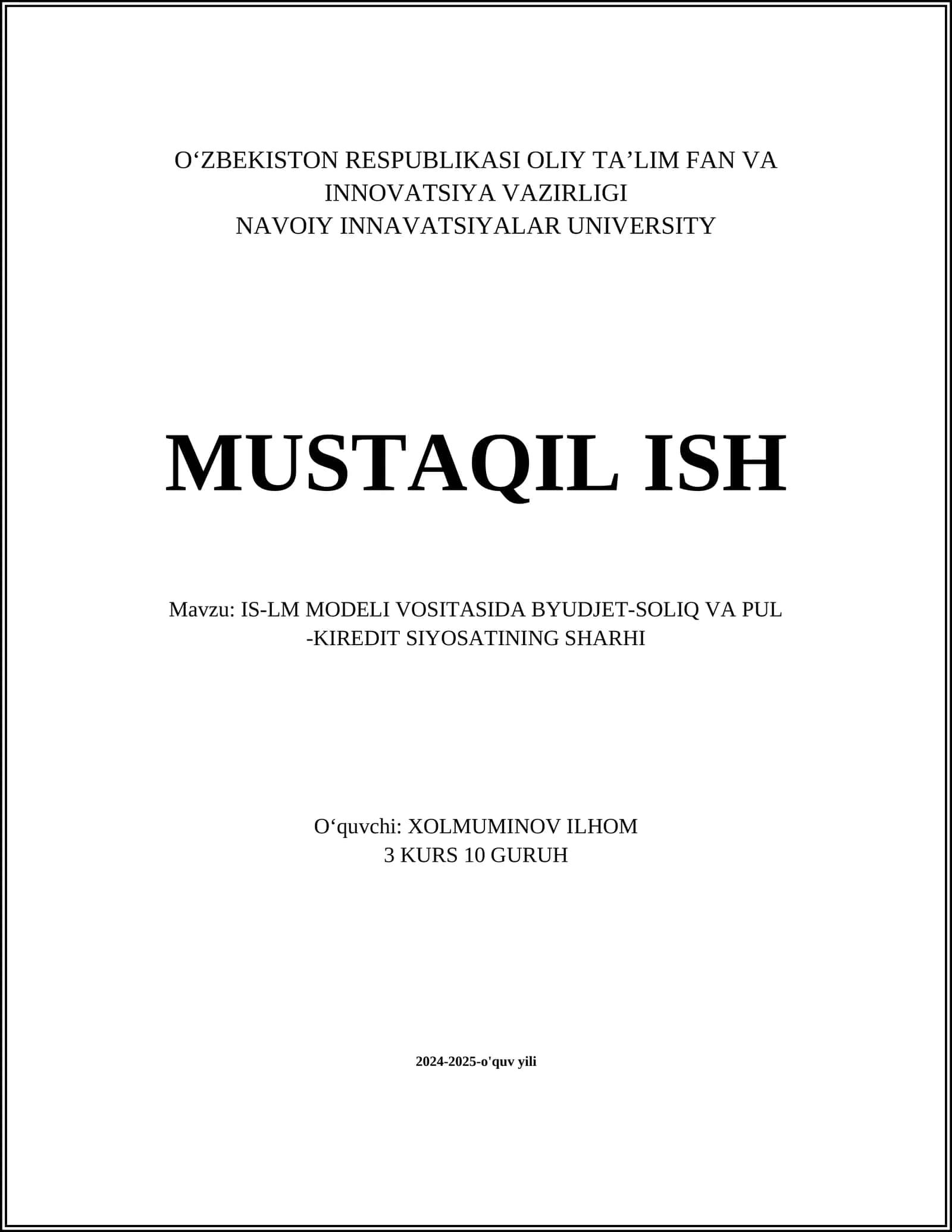 IS-LM MODELI VOSITASIDA BYUDJET-SOLIQ VA PUL -KIREDIT SIYOSATINING SHARHI