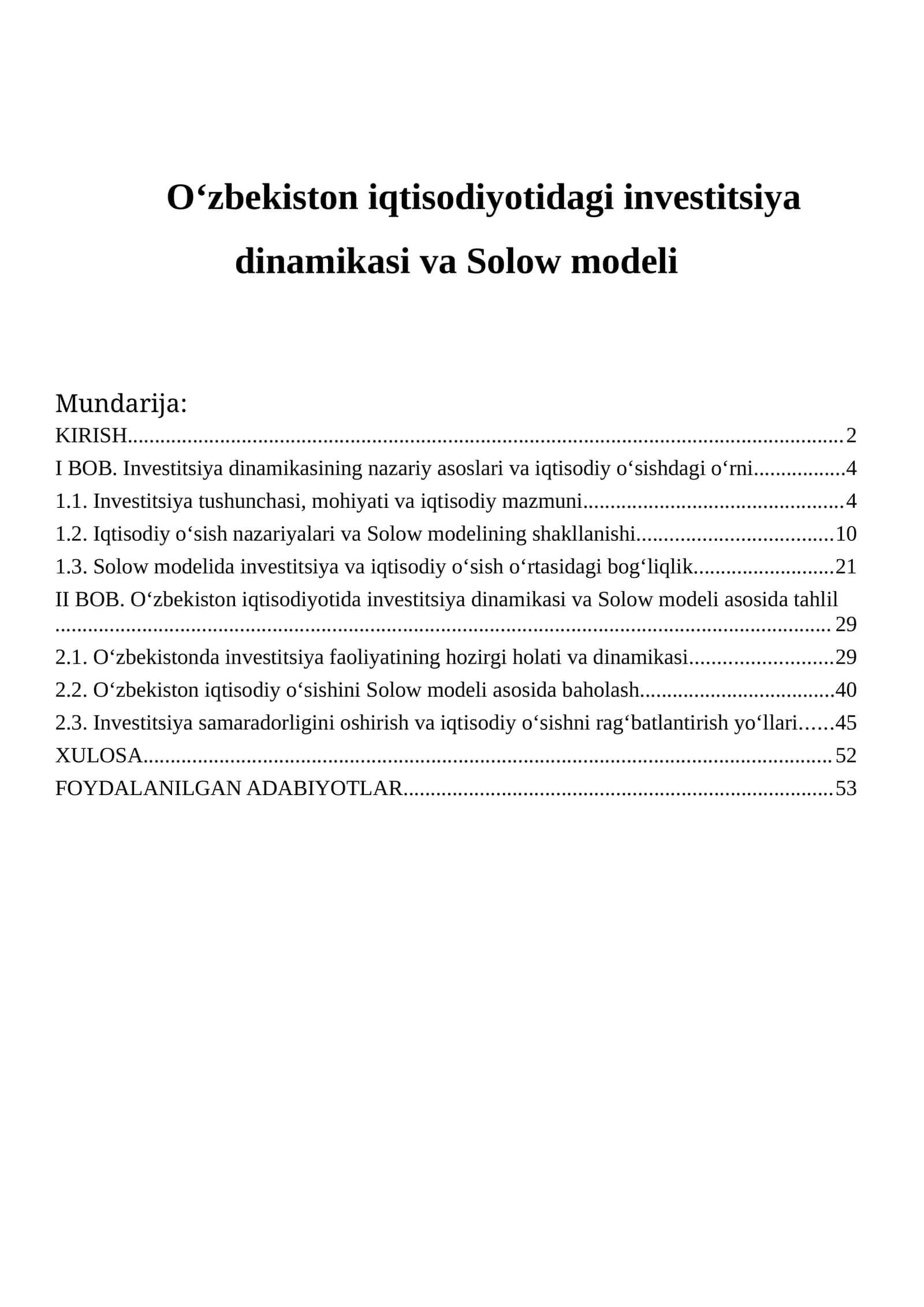 Oʻzbekiston iqtisodiyotidagi investitsiya dinamikasi va Solow modeli