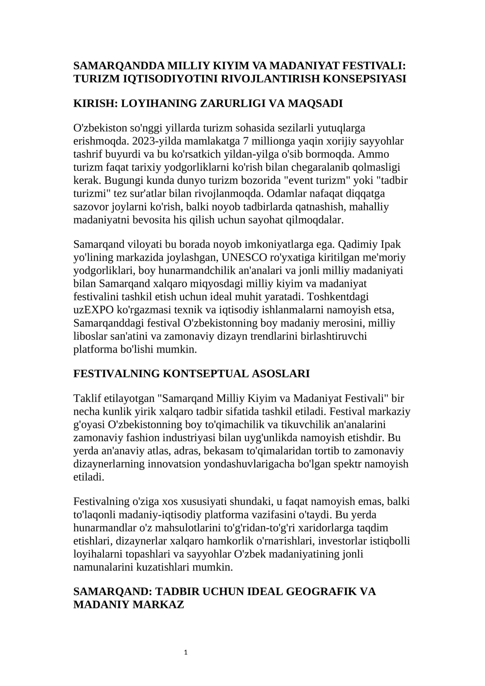 SAMARQANDDA MILLIY KIYIM VA MADANIYAT FESTIVALI: TURIZM IQTISODIYOTINI RIVOJLANTIRISH KONSEPSIYASI
