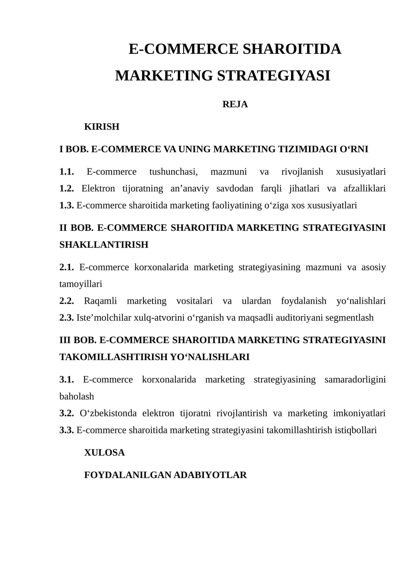 E-COMMERCE SHAROITIDA MARKETING STRATEGIYASI
