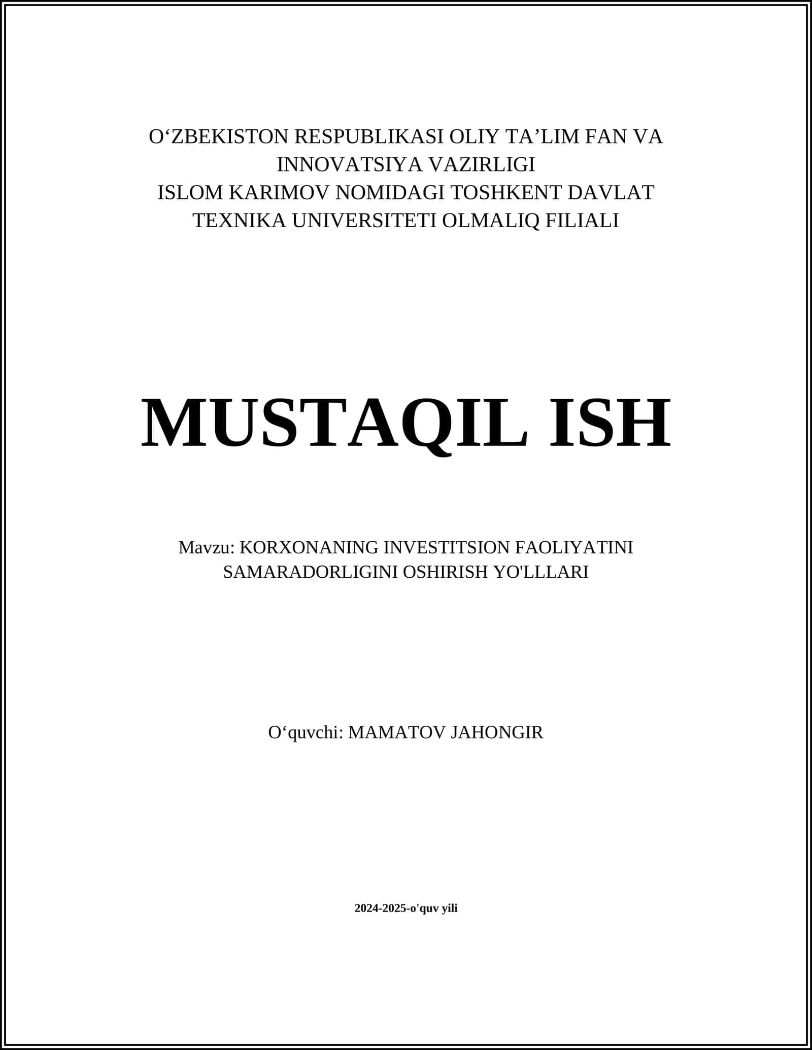 KORXONANING INVESTITSION FAOLIYATINI SAMARADORLIGINI OSHIRISH YO'LLLARI