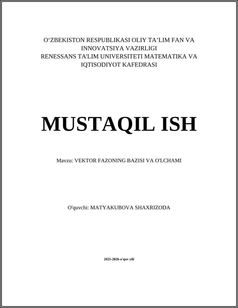 VEKTOR FAZONING BAZISI VA O'LCHAMI