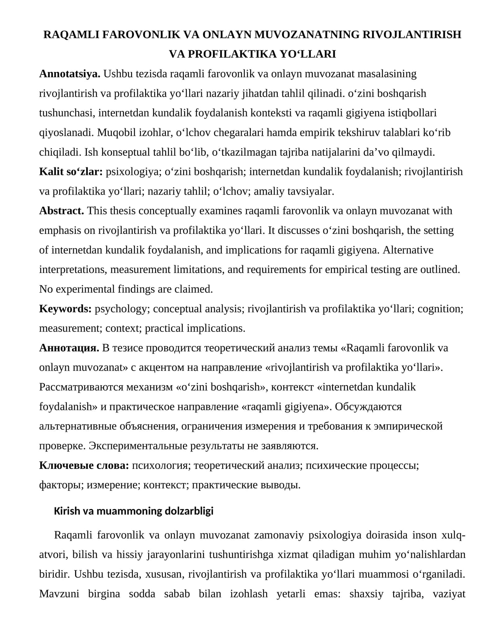 Raqamli farovonlik va onlayn muvozanatning rivojlanish va profilaktika yo‘llari