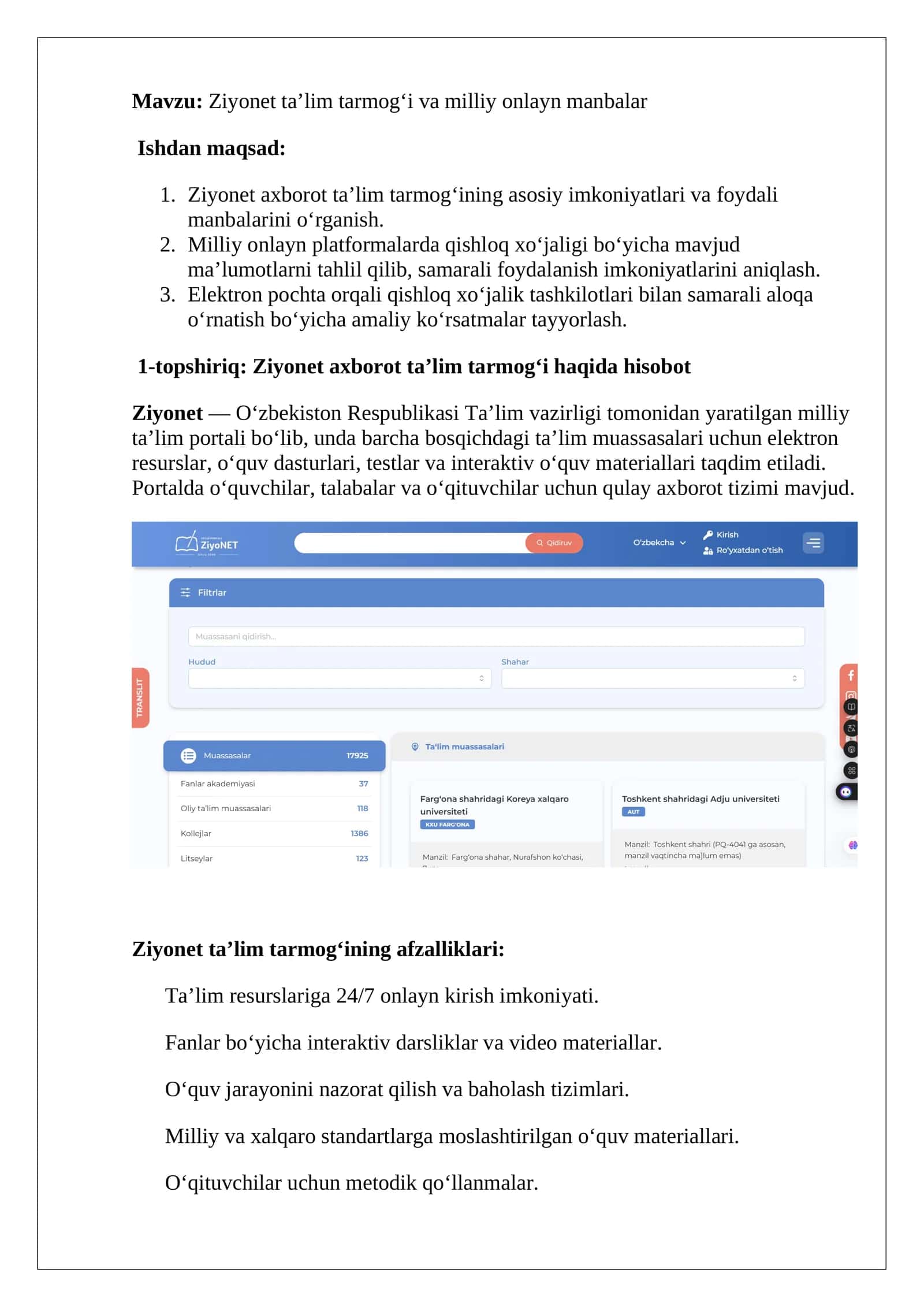 Ziyonet ta’lim tarmog‘i va milliy onlayn manbalar