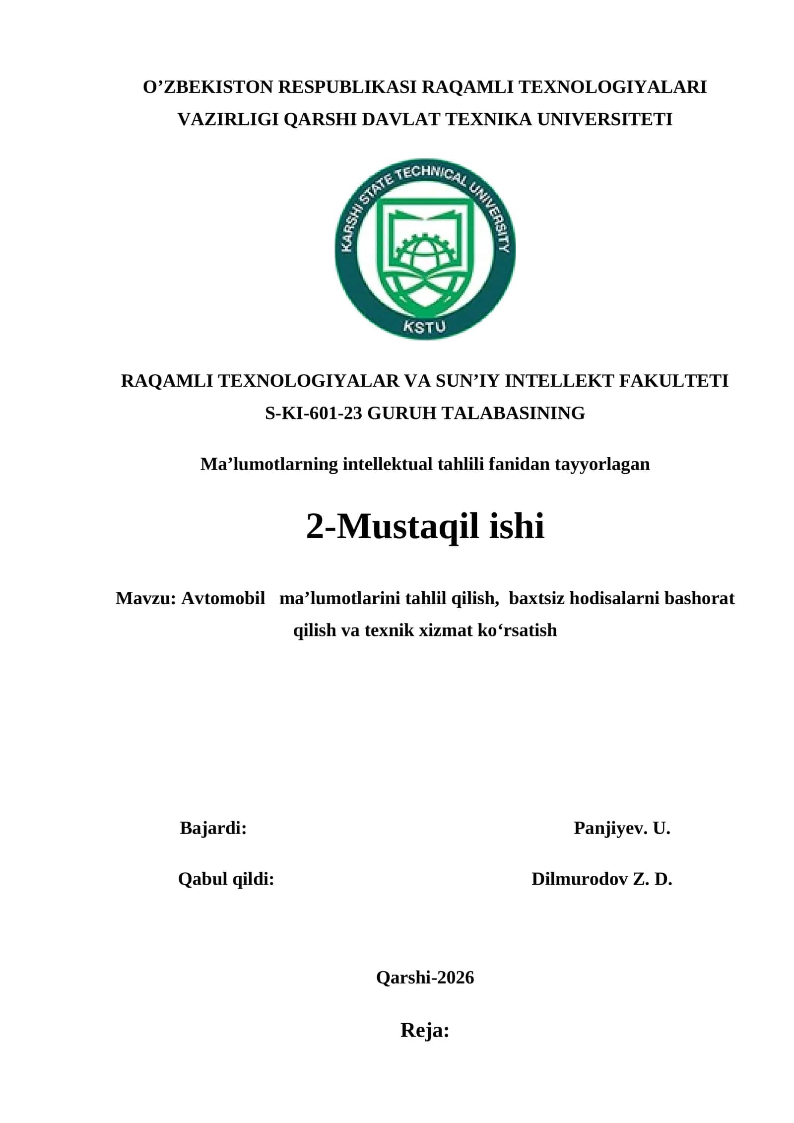 Avtomobil ma’lumotlarini tahlil qilish, baxtsiz hodisalarni bashorat qilish va texnik xizmat ko‘rsatish