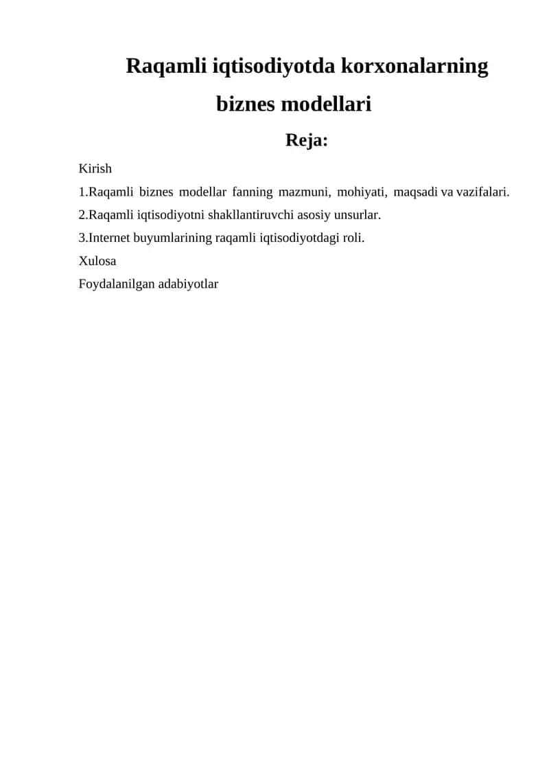 Raqamli iqtisodiyotda korxonalarning biznes modellari