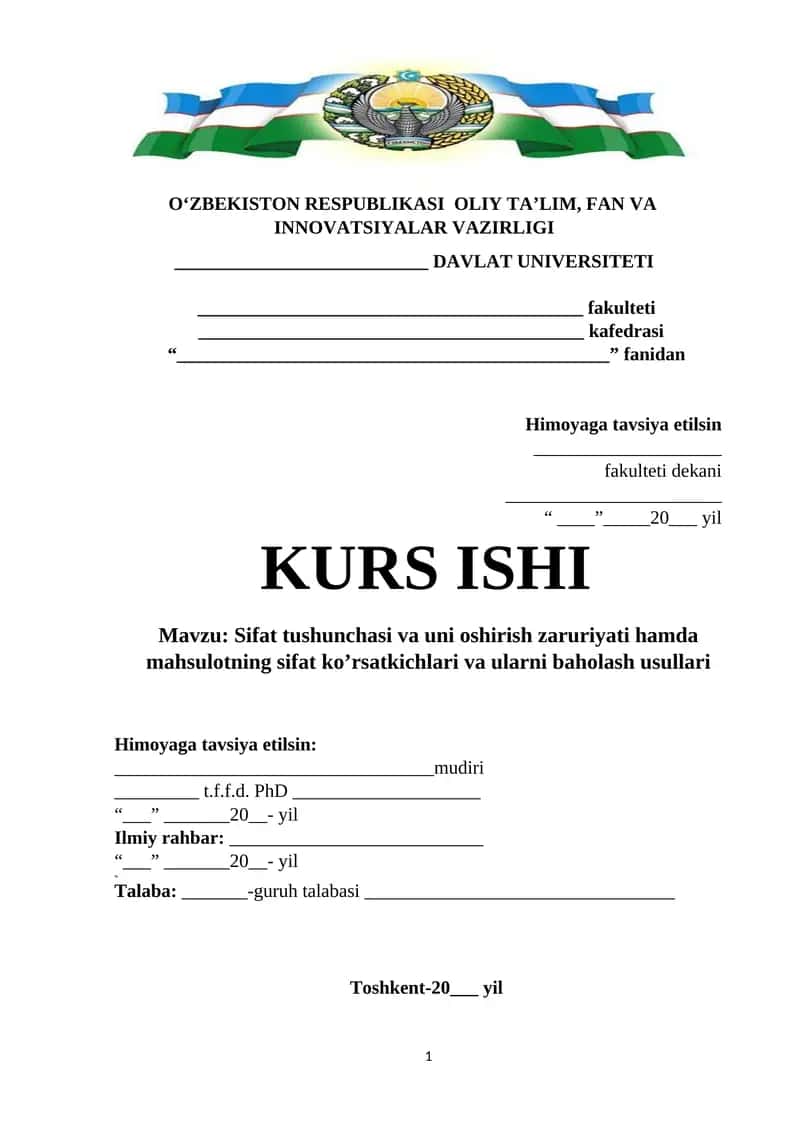 Sifat tushunchasi va uni oshirish zaruriyati hamda mahsulotning sifat ko’rsatkichlari va ularni baholash usullari 1