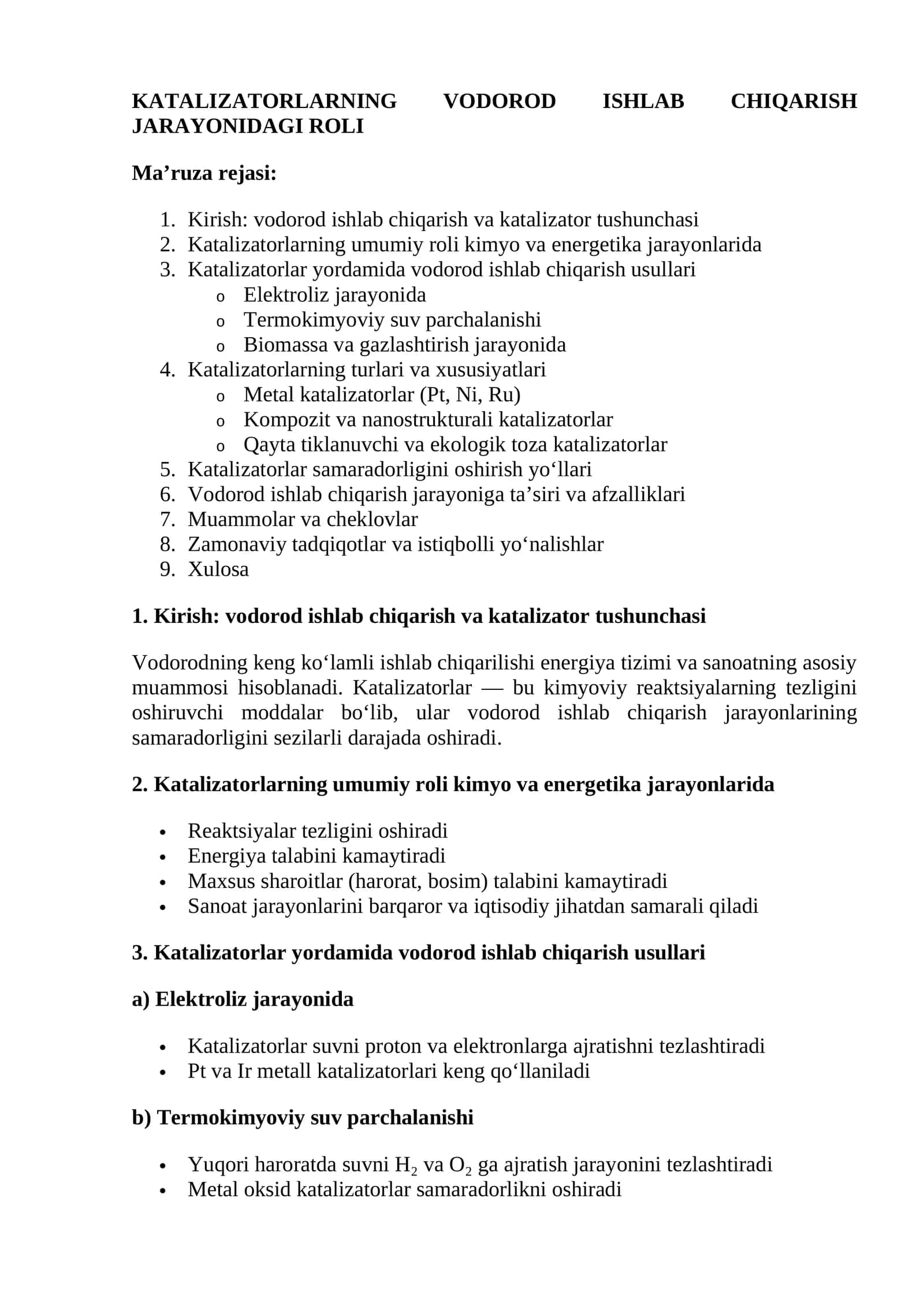 Vodorod ishlab chiqarish katalizatorlari