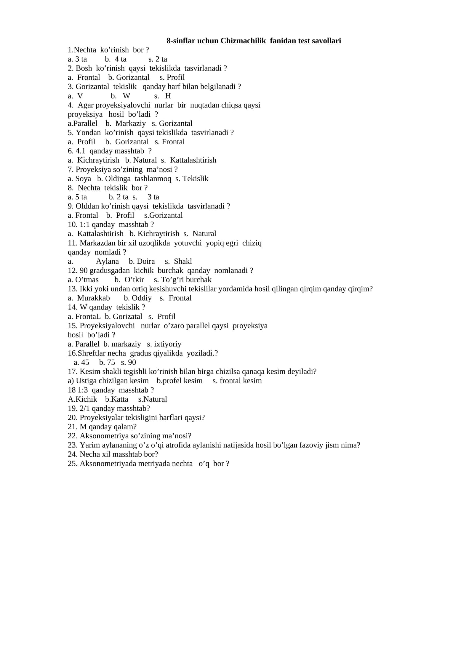 8-sinflar uchun Chizmachilik fanidan test savollari