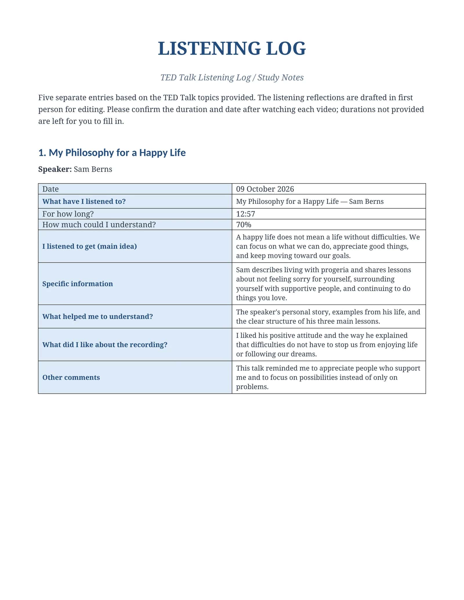 TED Talk Listening Log / Study Notes