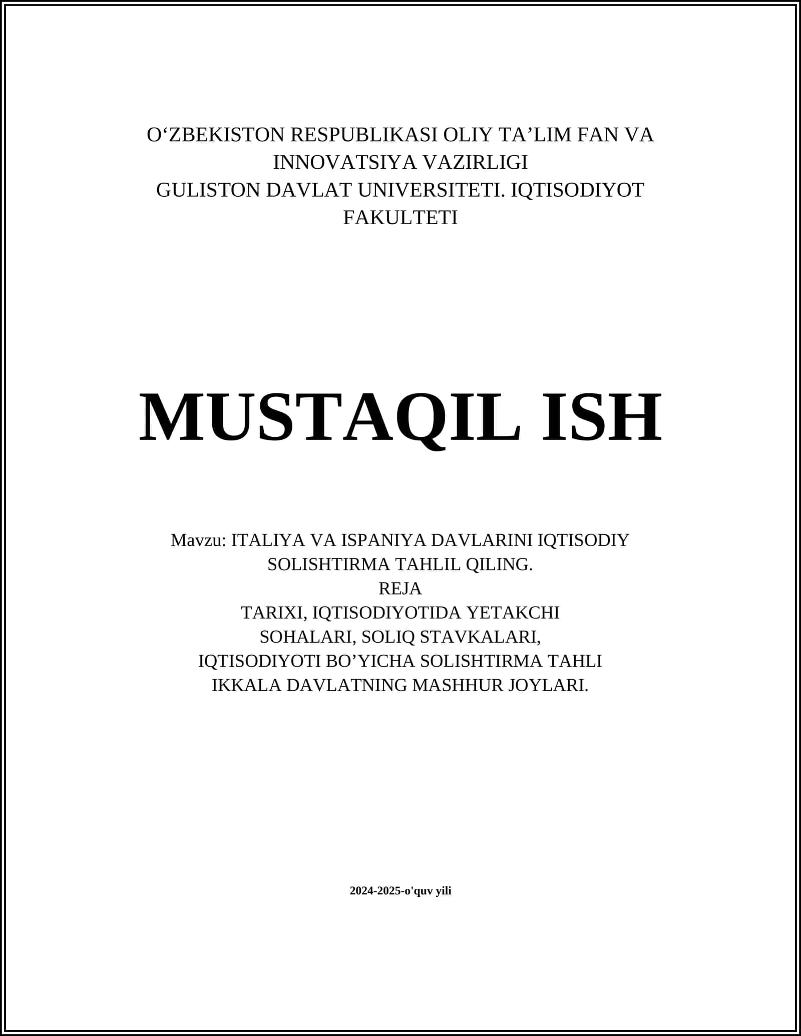 ITALIYA VA ISPANIYA DAVLARINI IQTISODIY SOLISHTIRMA TAHLILI