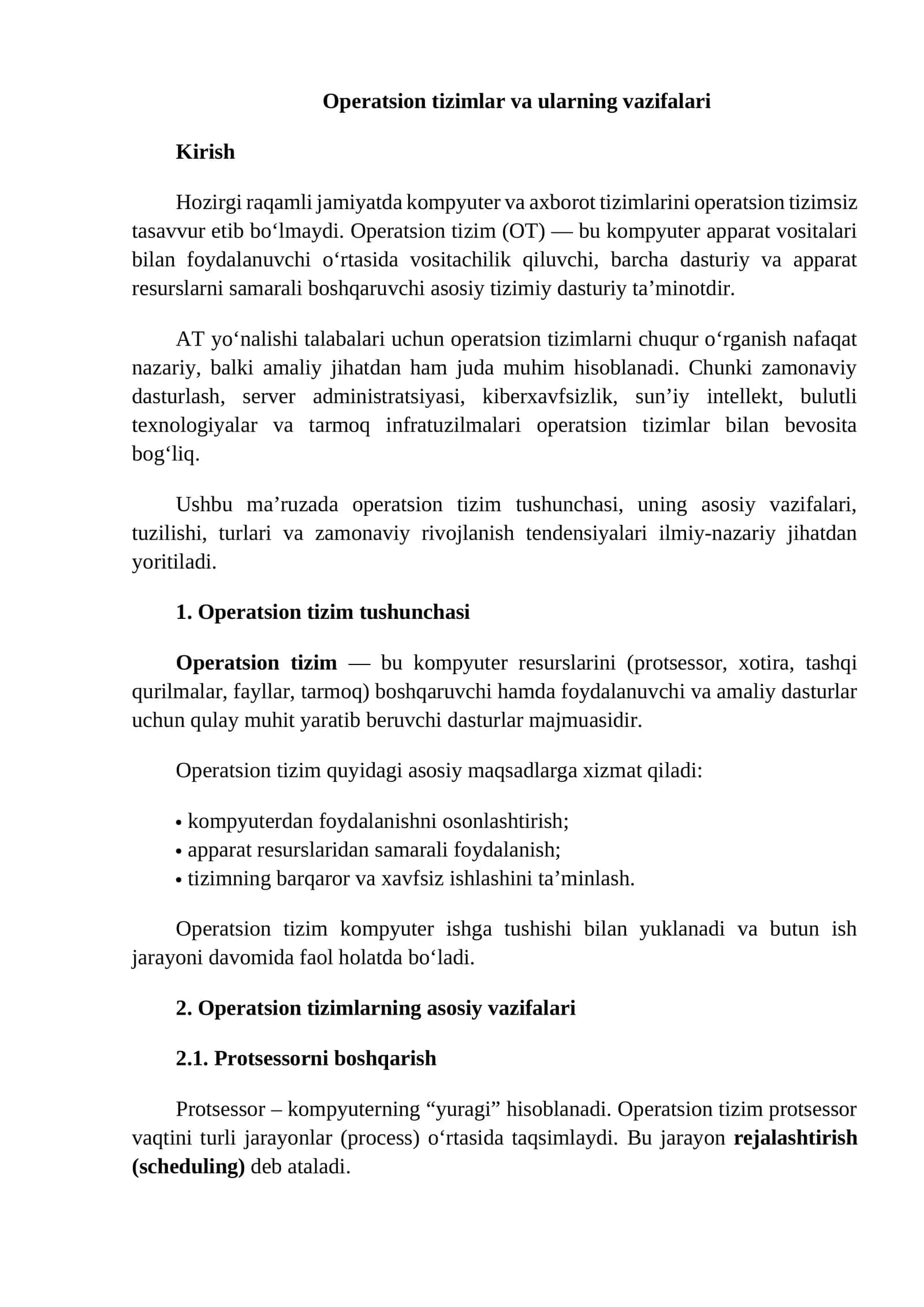 Operatsion tizimlar va ularning vazifalari