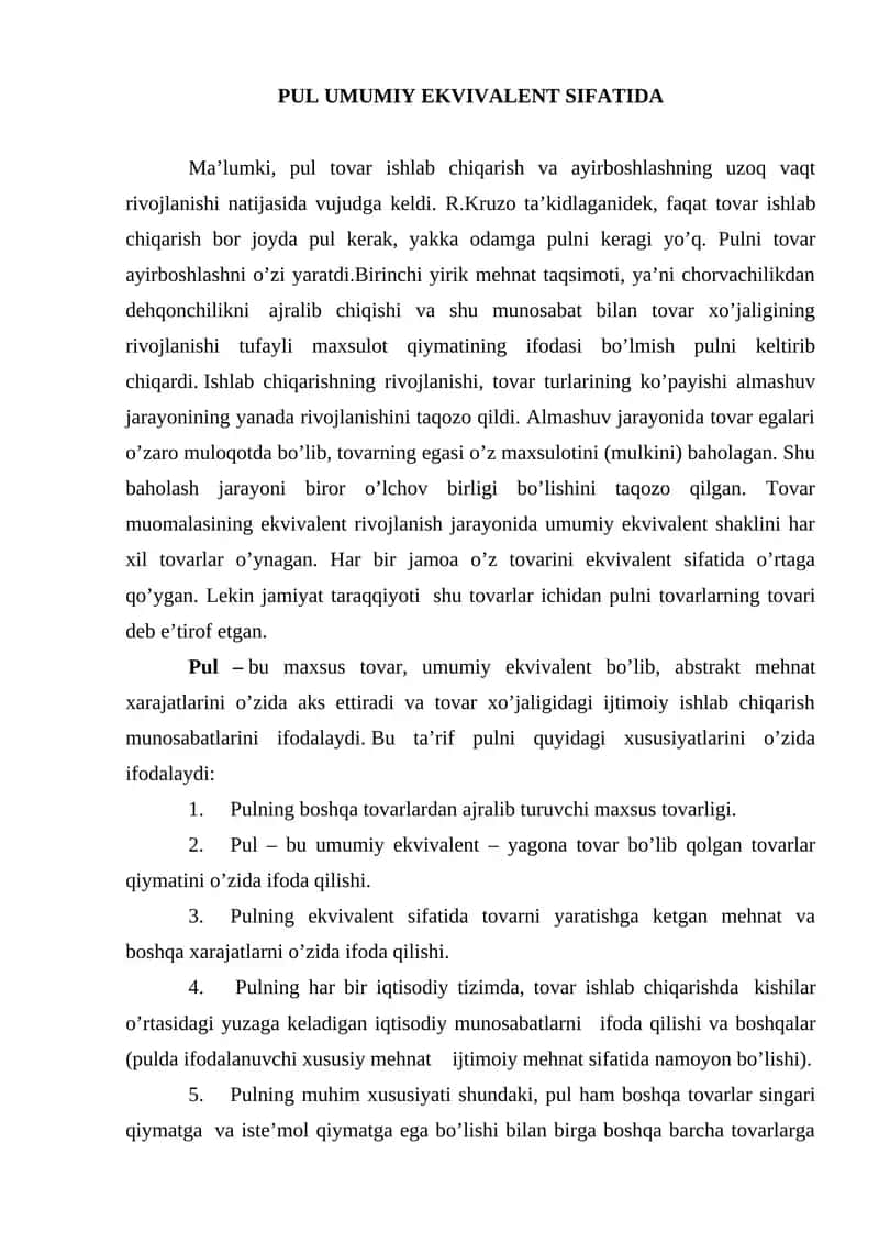 Pul Umumiy Ekvivalent Sifatida