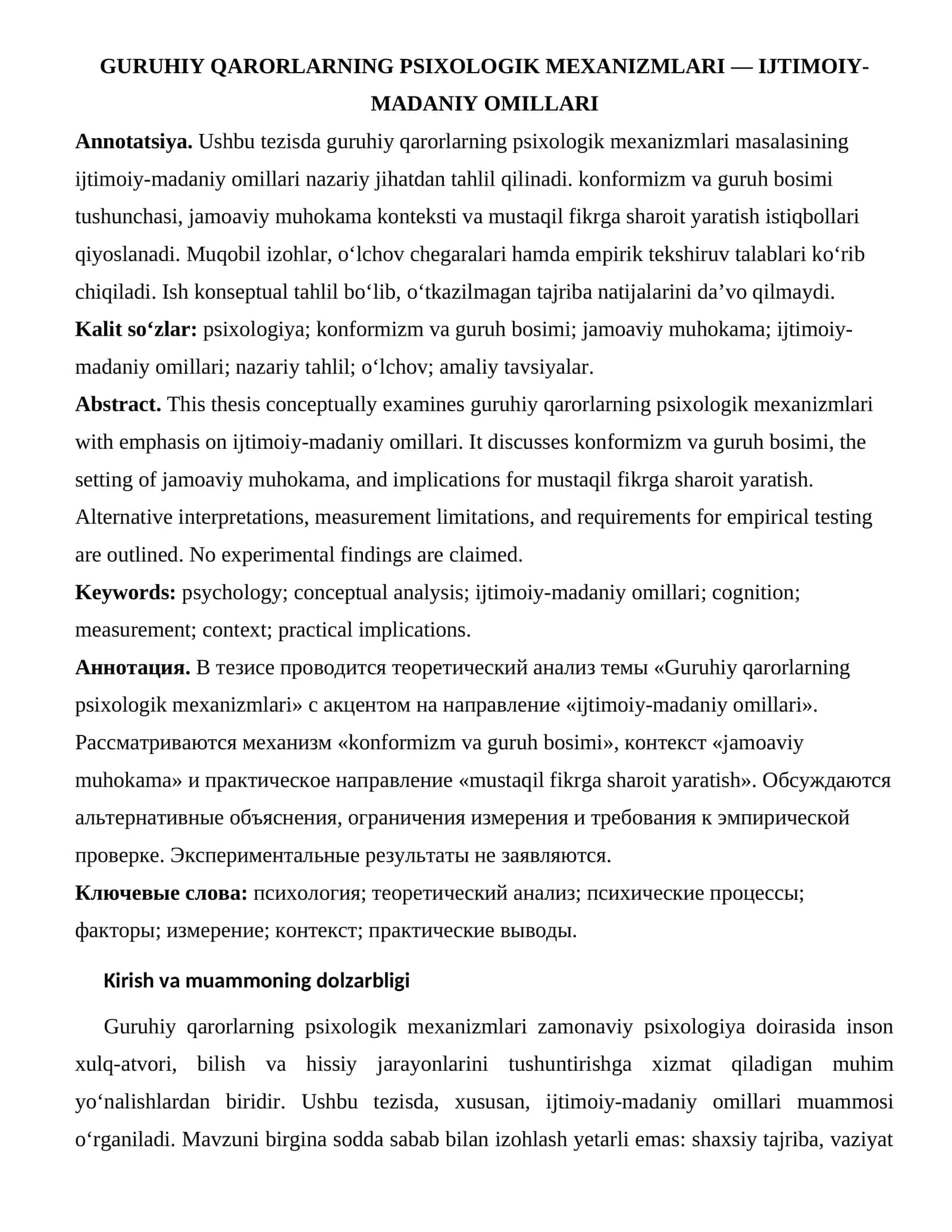 GURUHIY QARORLARNING PSIXOLOGIK MEXANIZMLARI — IJTIMOIY-MADANIY OMILLARI