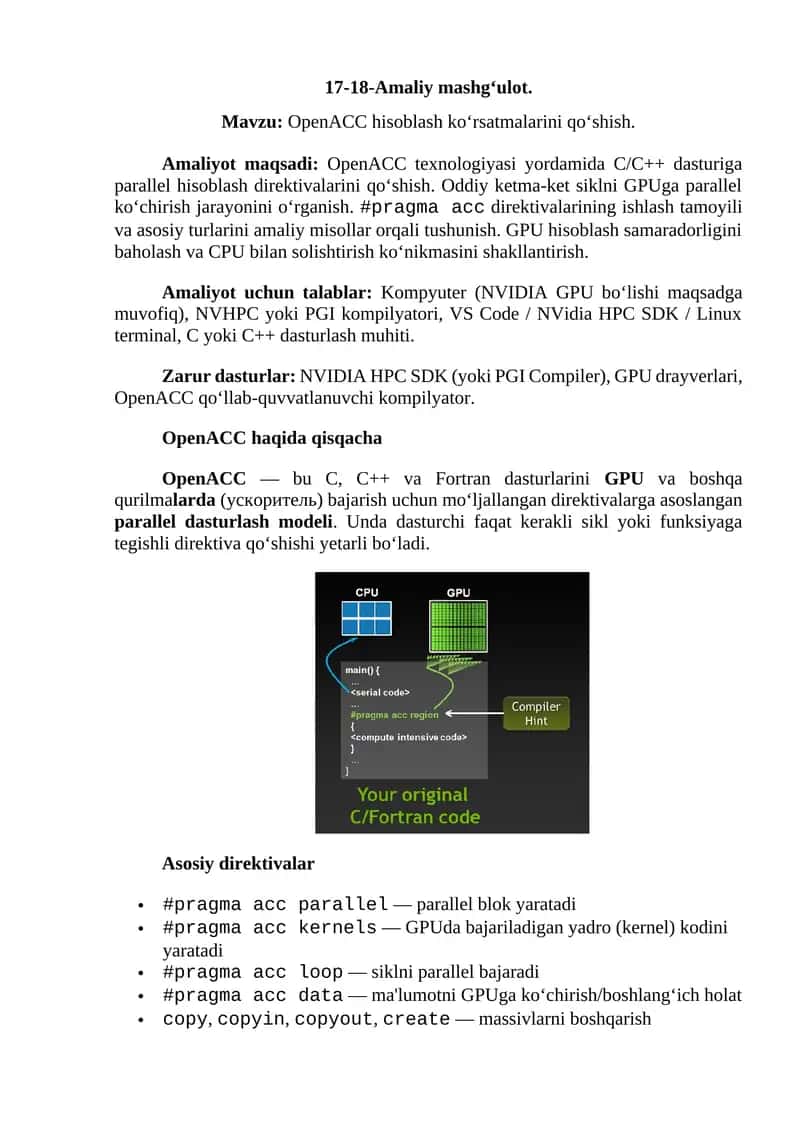 OpenACC hisoblash ko‘rsatmalarini qo‘shish