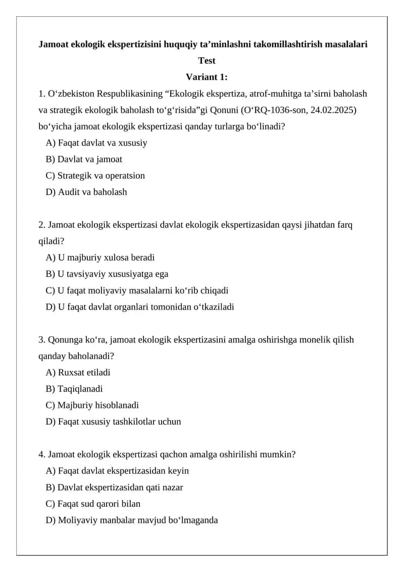 Jamoat ekologik ekspertizisini huquqiy ta’minlashni takomillashtirish masalalari
