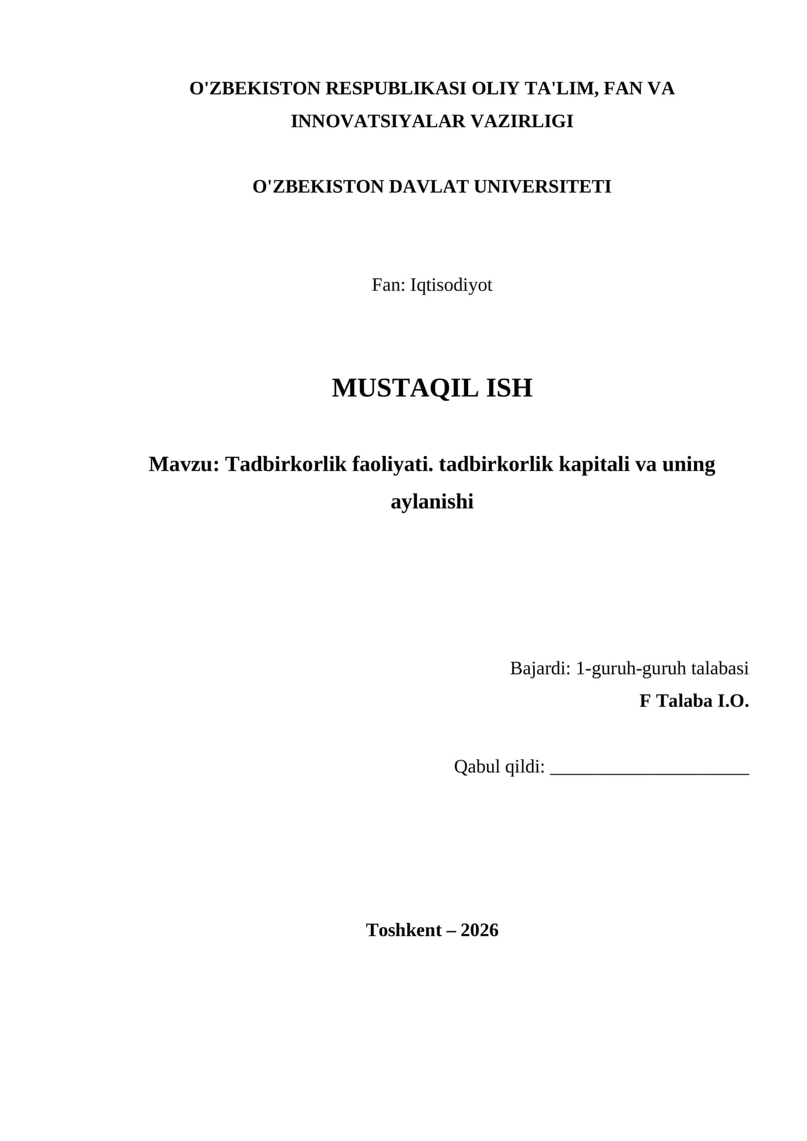 Tadbirkorlik faoliyati. tadbirkorlik kapitali va uning aylanishi