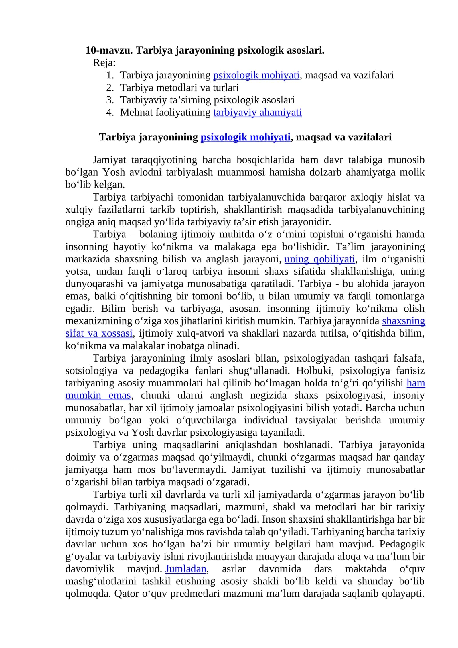 Tarbiya jarayonining psixologik asoslari