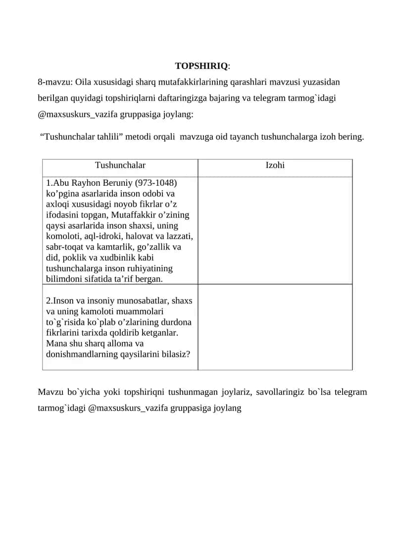 8-mavzu: Oila xususidagi sharq mutafakkirlarining qarashlari