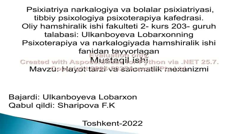 "Hayot tarzi va salomatlik mexanizmi"