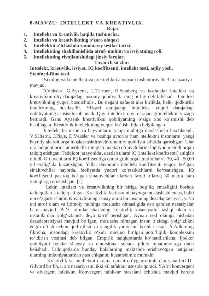 INTELLEKT VA KREATIVLIK