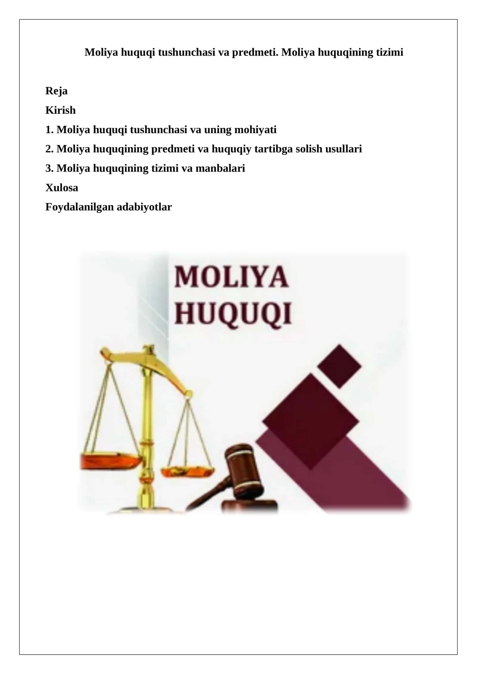 Moliya huquqi tushunchasi va predmeti