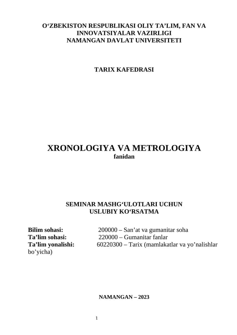 XRONOLOGIYA VA METROLOGIYA fanidan SEMINAR MASHG‘ULOTLARI UCHUN USLUBIY KO‘RSATMA