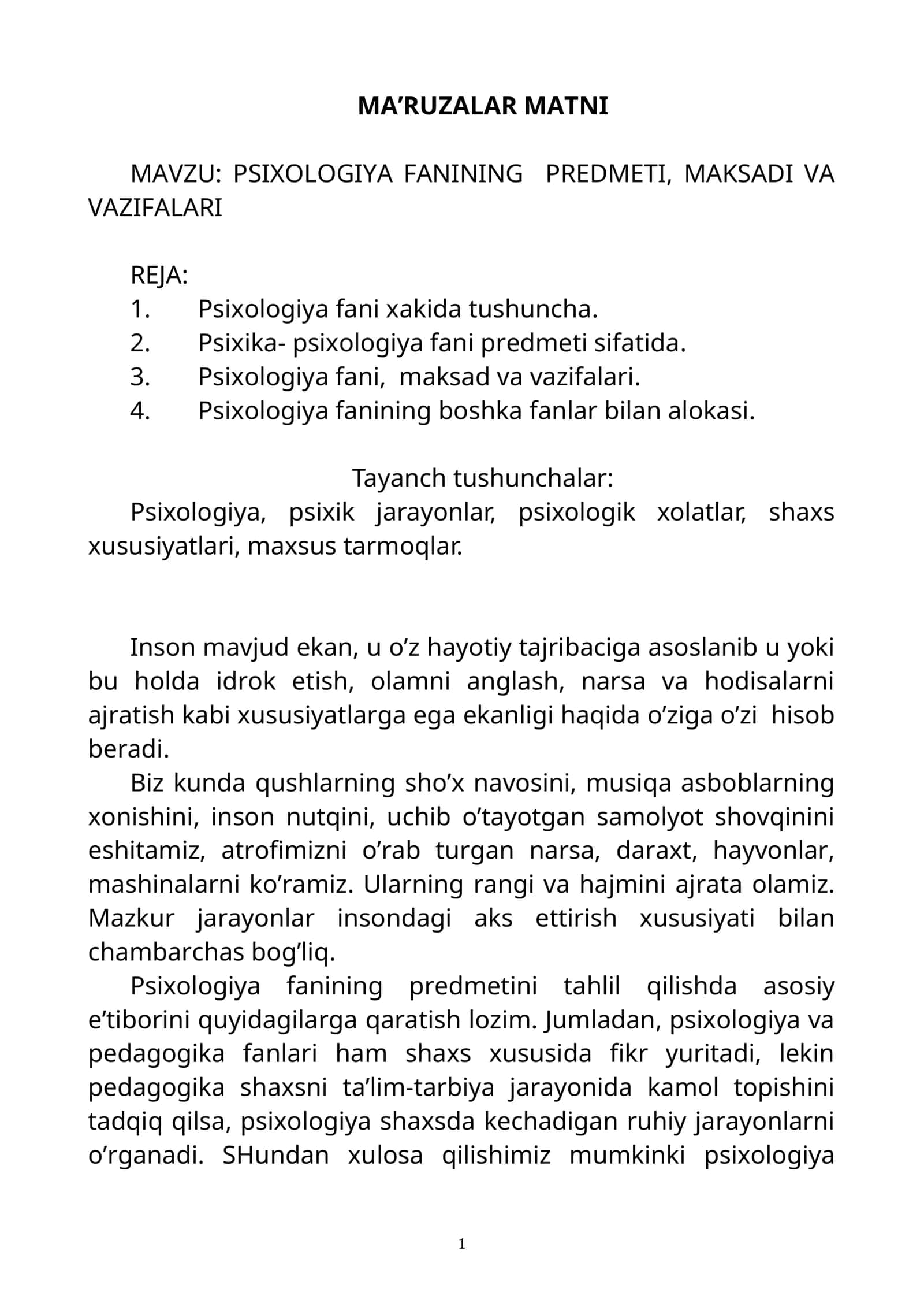PSIХОLОGIYA FANINING PRЕDMЕTI, MAKSADI VA VAZIFALARI