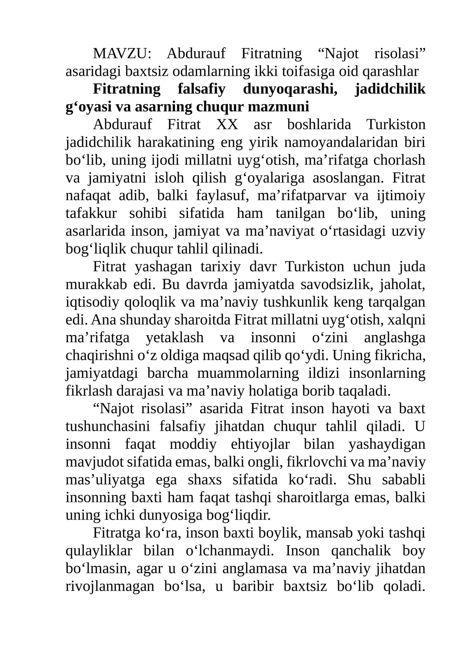 Abdurauf Fitratning “Najot risolasi” asaridagi baxtsiz odamlarning ikki toifasiga oid qarashlar