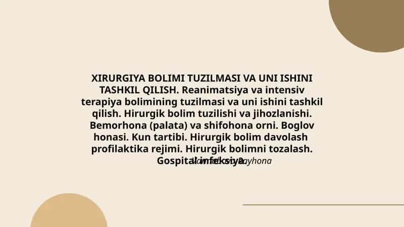 XIRURGIYA BOLIMI TUZILMASI VA UNI ISHINI TASHKIL QILISH