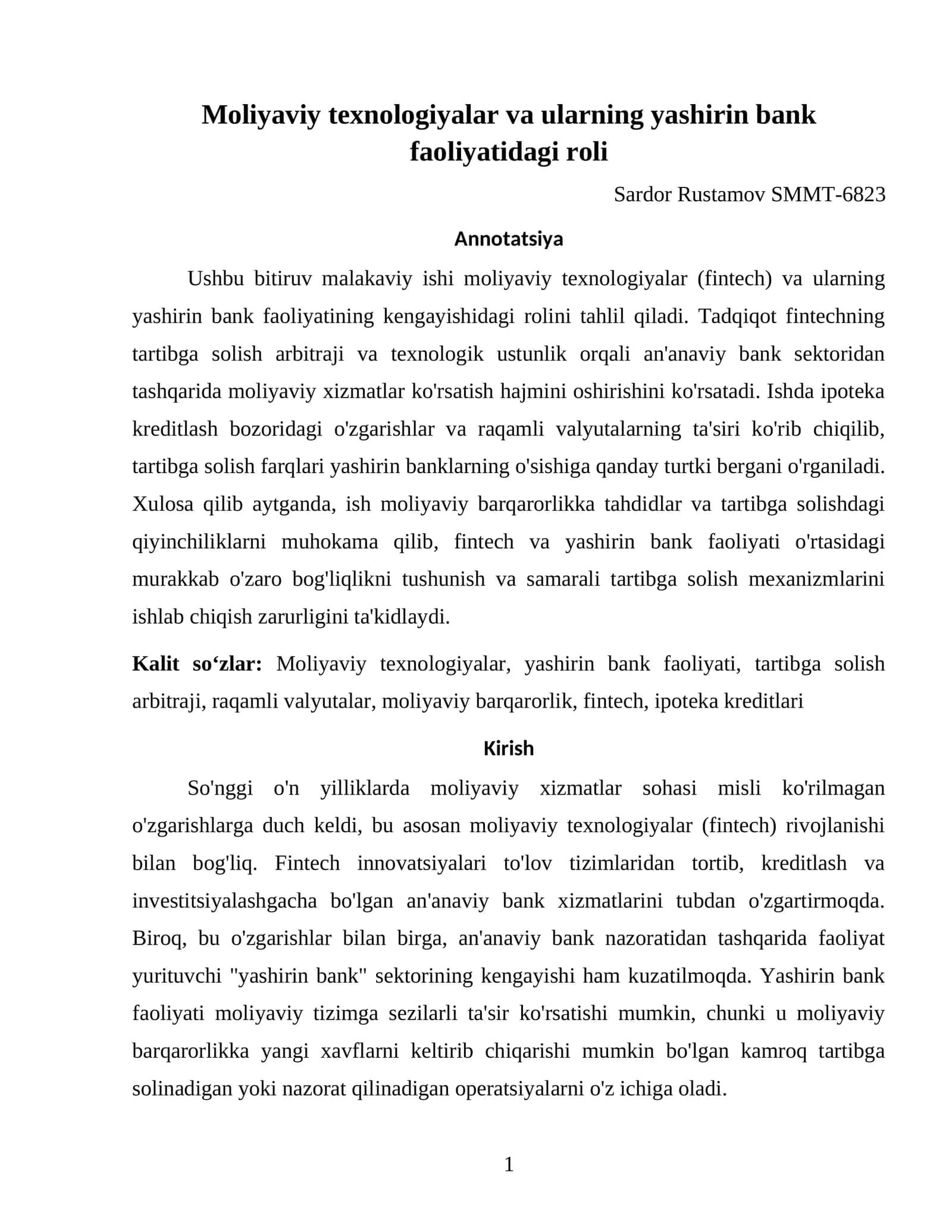 Moliyaviy texnologiyalar va ularning yashirin bank faoliyatidagi roli