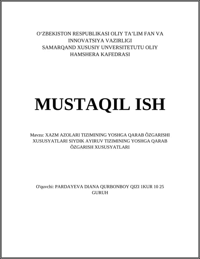 Xazm Azolari Tizimining Yoshga Qarab O'zgarishi Xususyatları