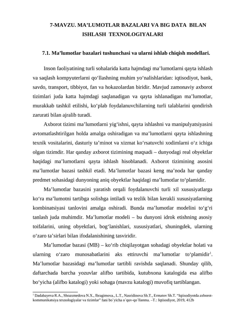 Ma’lumotlar bazalari va Big Data bilan ishlash texnologiyalari