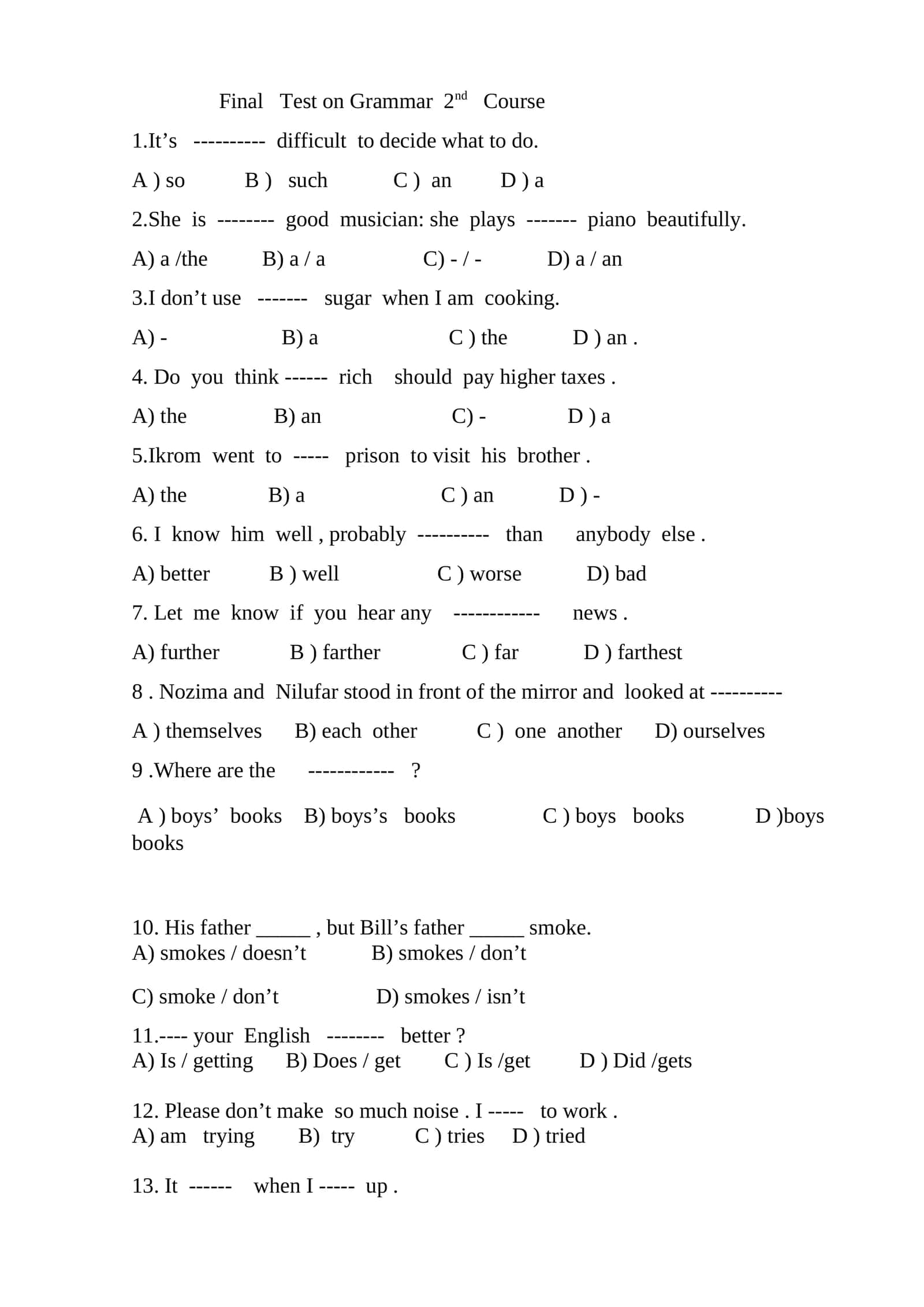 Final Test on Grammar 2nd Course